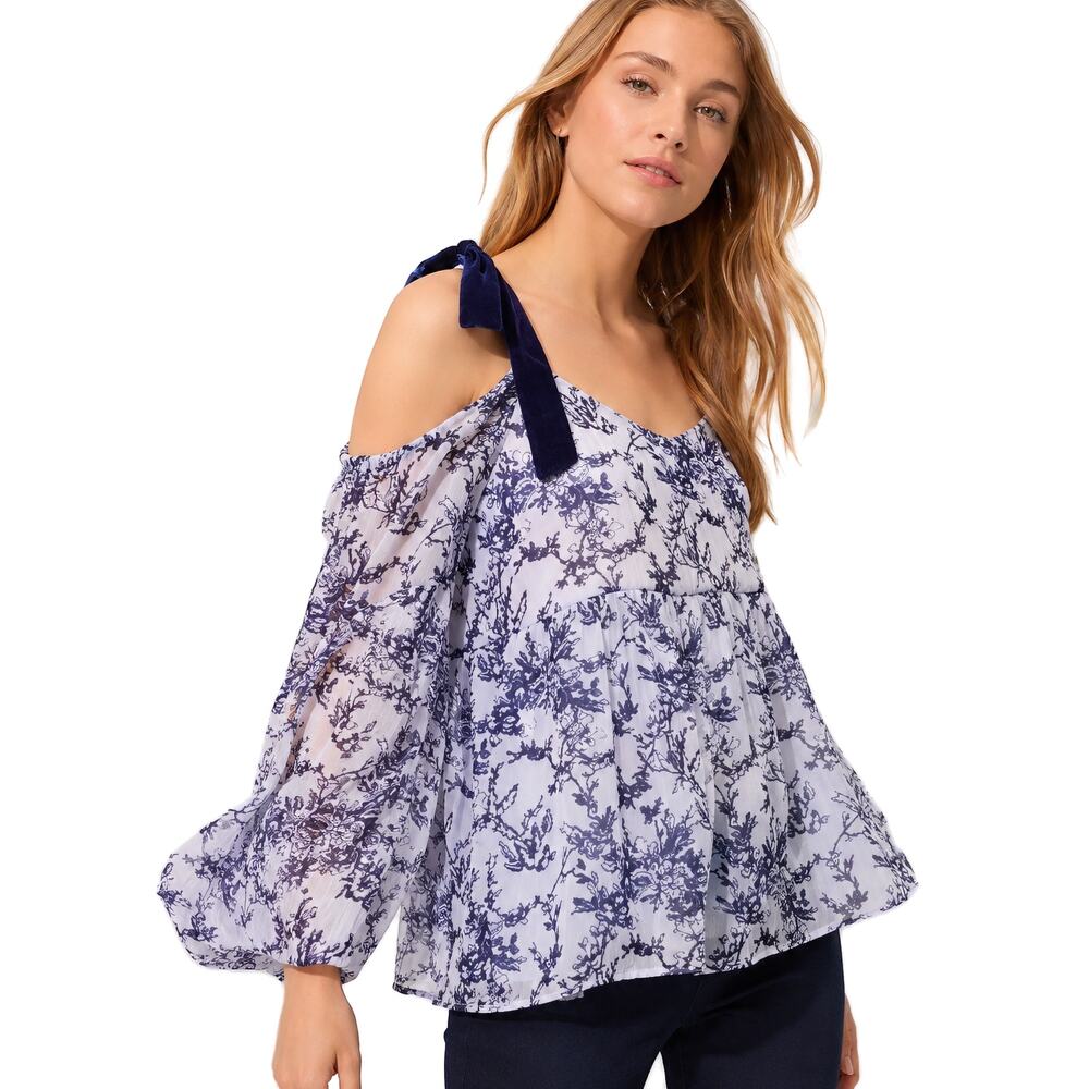 LOFT Blouse Size Large Off Shoulder Purple Floral Velvet Shoulder Tie Boho NEW